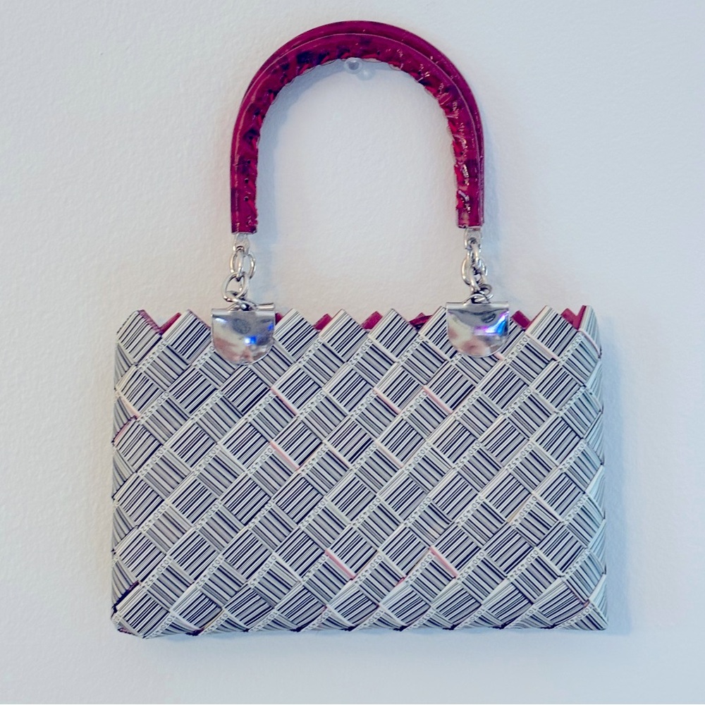 Nahui Ollin Woven White and Pink Top-Handle Bag